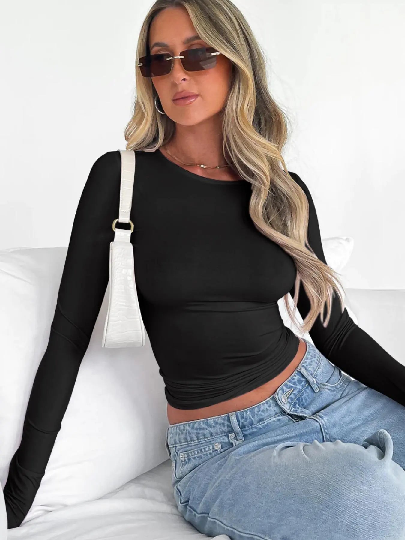 Women'S Plain round Neck Longsleeves Slim-Fitting Cropped Tee for Spring, Basic Crewneck Top for Lady, Casual Solid Tshirt for Spring & Fall, Women'S Clothes, Comfort Womenswear, Mean Girls Outfit, Summer Outfits, Lady Top for Music Festival Daily Wear