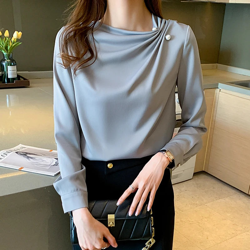 Korean Women Blouses Chiffon Shirts Women Beading Blouse Tops Woman Long Sleeve Shirt Woman Pleated Shirts Pullover Ladies Tops