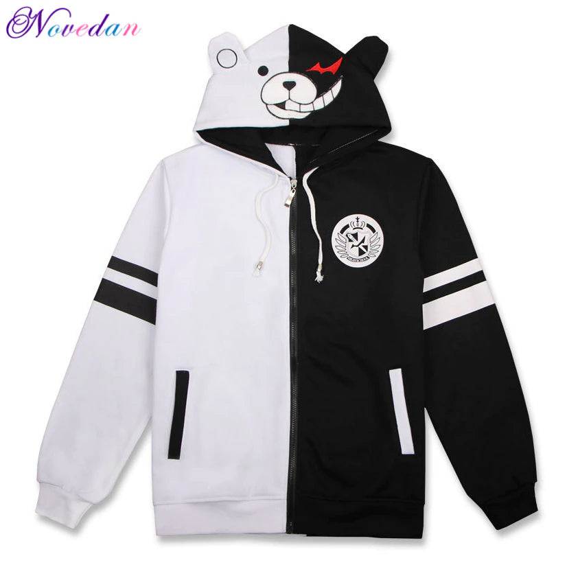 Anime Danganronpa Monokuma Cosplay Costume Unisex Hoodie Sweatshirt Hooded Black White Bear Long Sleeve Daily Casual Coat Jacket