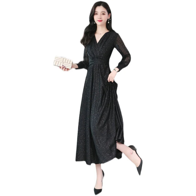 Summer Black Big Swing Maxi Dress for Women 2021 Fashion Temperament Long Sleeve V-Neck A-Line Chic Party Long Dresses Vestidos