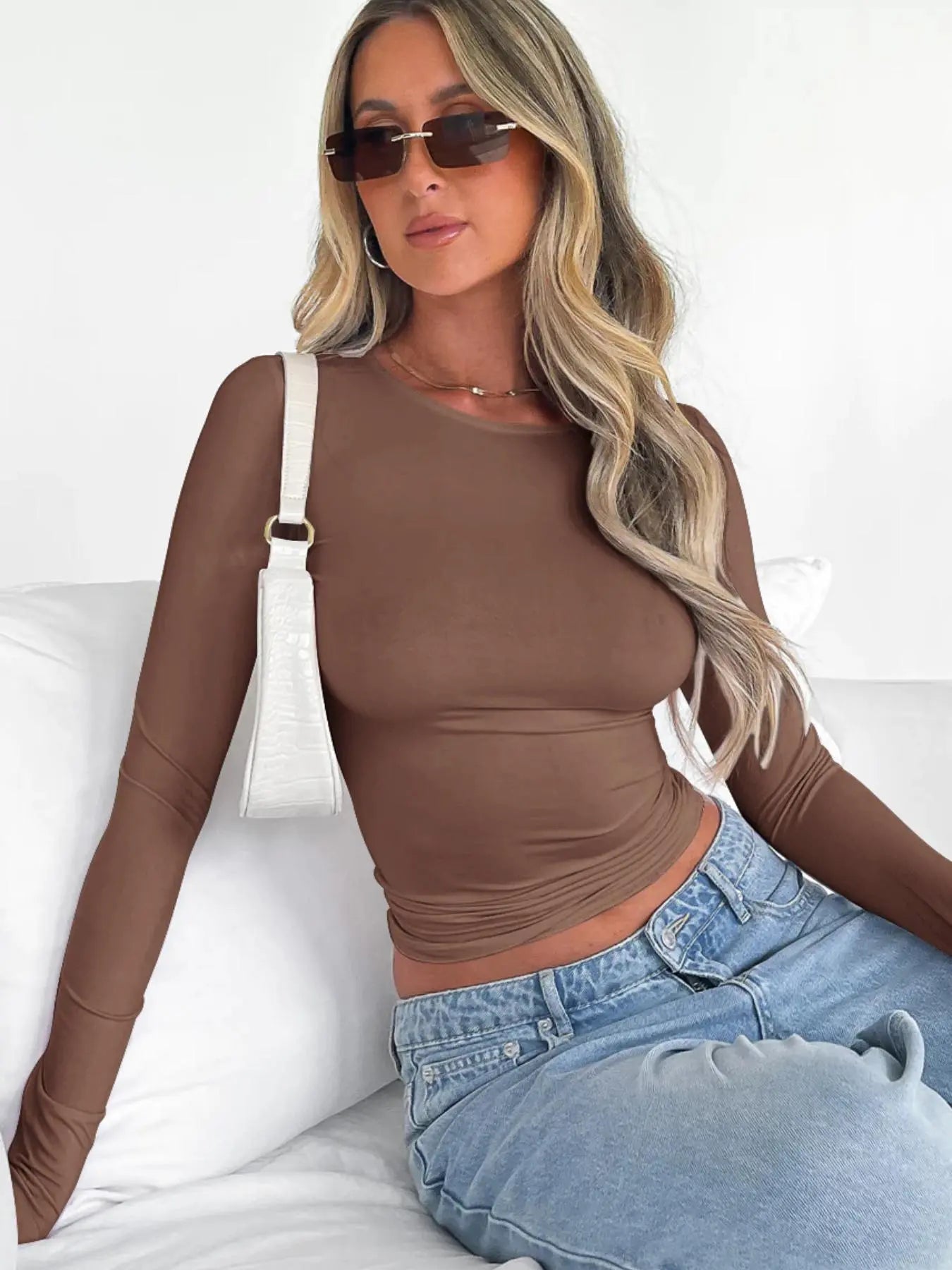 Women'S Plain round Neck Longsleeves Slim-Fitting Cropped Tee for Spring, Basic Crewneck Top for Lady, Casual Solid Tshirt for Spring & Fall, Women'S Clothes, Comfort Womenswear, Mean Girls Outfit, Summer Outfits, Lady Top for Music Festival Daily Wear