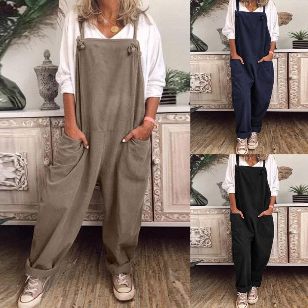 Womens Cotton and Linen Jumpsuit plus Size Casual Loose Overalls Solid Color Pockets Jumpsuit Женские Комбинезоны