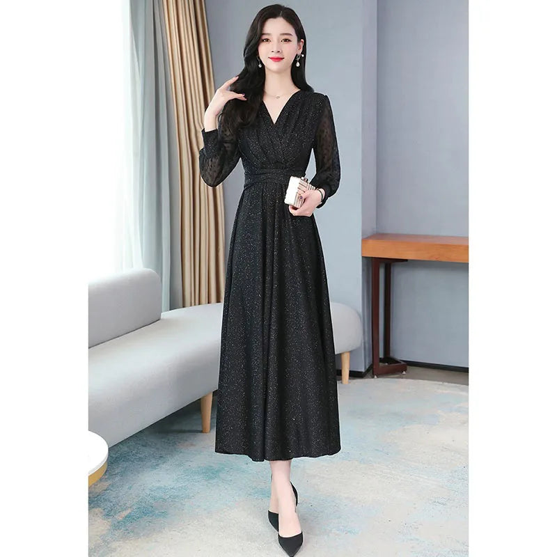 Summer Black Big Swing Maxi Dress for Women 2021 Fashion Temperament Long Sleeve V-Neck A-Line Chic Party Long Dresses Vestidos