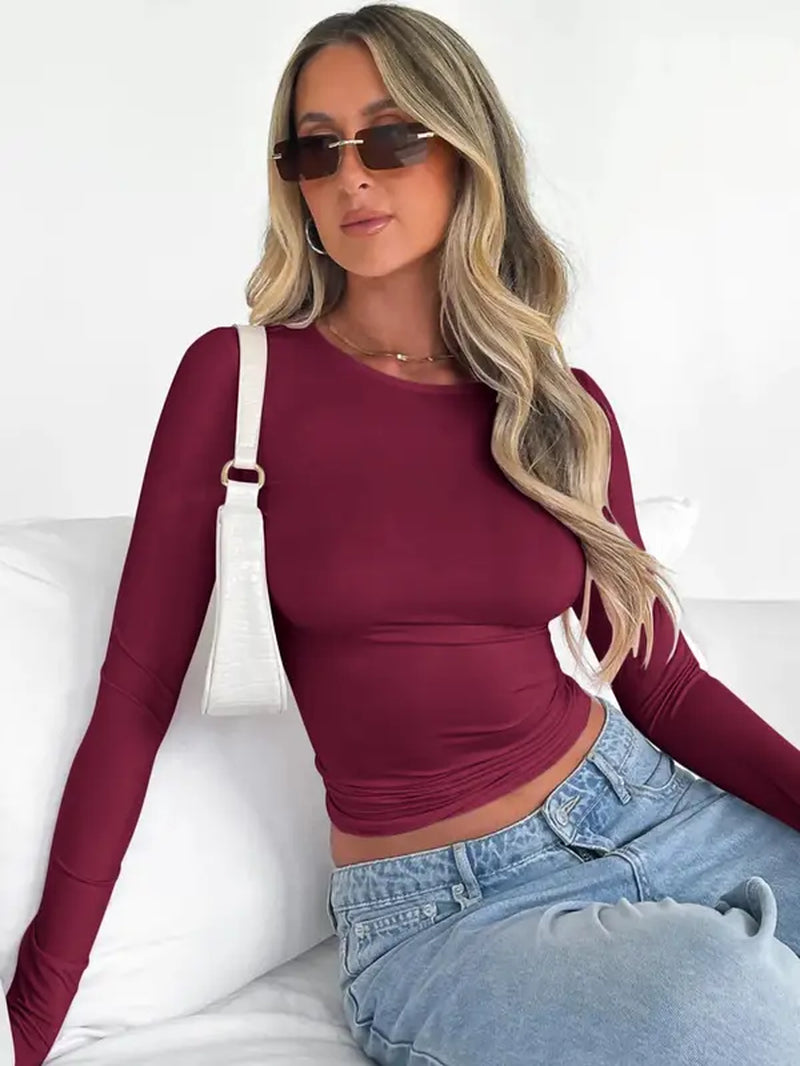 Women'S Plain round Neck Longsleeves Slim-Fitting Cropped Tee for Spring, Basic Crewneck Top for Lady, Casual Solid Tshirt for Spring & Fall, Women'S Clothes, Comfort Womenswear, Mean Girls Outfit, Summer Outfits, Lady Top for Music Festival Daily Wear