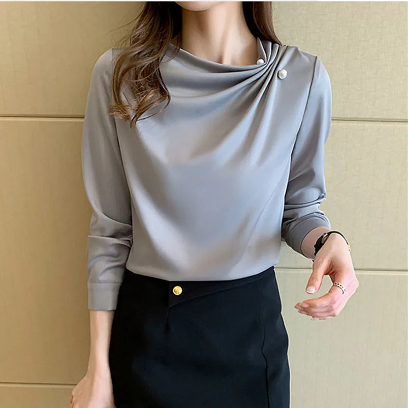 Korean Women Blouses Chiffon Shirts Women Beading Blouse Tops Woman Long Sleeve Shirt Woman Pleated Shirts Pullover Ladies Tops