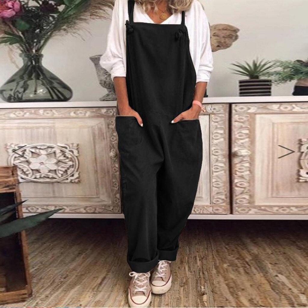 Womens Cotton and Linen Jumpsuit plus Size Casual Loose Overalls Solid Color Pockets Jumpsuit Женские Комбинезоны