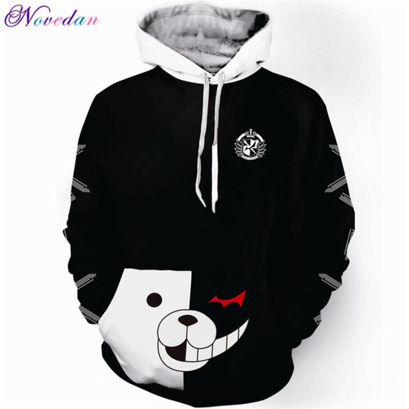 Anime Danganronpa Monokuma Cosplay Costume Unisex Hoodie Sweatshirt Hooded Black White Bear Long Sleeve Daily Casual Coat Jacket