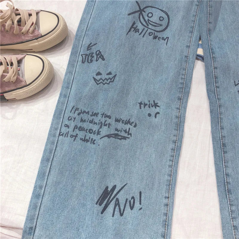 Vintage Washed Jeans Women 2021 Streetwear Harajuku High Waist Denim Trousers Femable Baggy Fashion Blue Cartoon Straight Pants