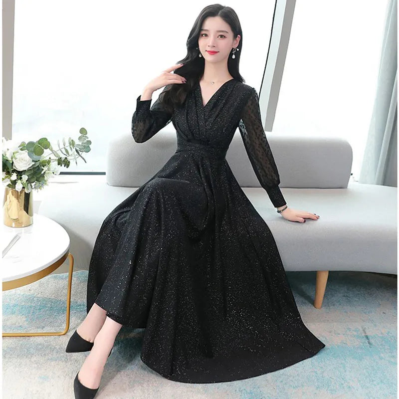 Summer Black Big Swing Maxi Dress for Women 2021 Fashion Temperament Long Sleeve V-Neck A-Line Chic Party Long Dresses Vestidos