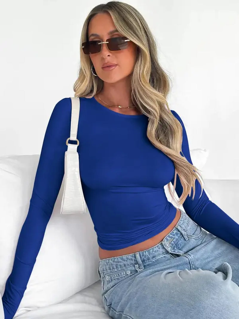 Women'S Plain round Neck Longsleeves Slim-Fitting Cropped Tee for Spring, Basic Crewneck Top for Lady, Casual Solid Tshirt for Spring & Fall, Women'S Clothes, Comfort Womenswear, Mean Girls Outfit, Summer Outfits, Lady Top for Music Festival Daily Wear