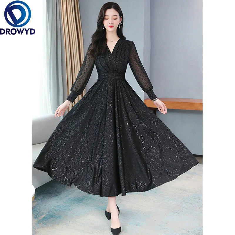 Summer Black Big Swing Maxi Dress for Women 2021 Fashion Temperament Long Sleeve V-Neck A-Line Chic Party Long Dresses Vestidos