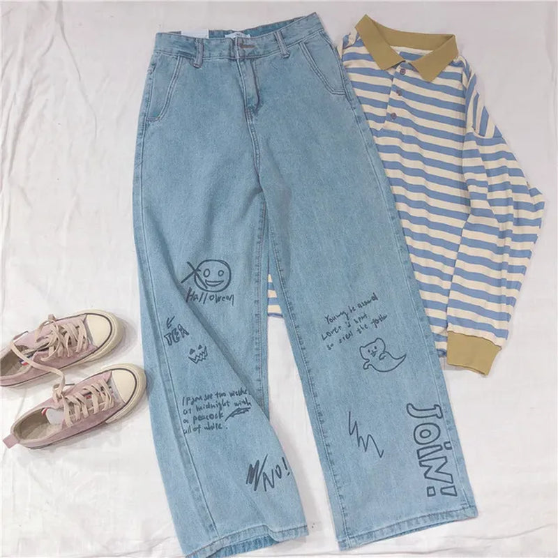 Vintage Washed Jeans Women 2021 Streetwear Harajuku High Waist Denim Trousers Femable Baggy Fashion Blue Cartoon Straight Pants