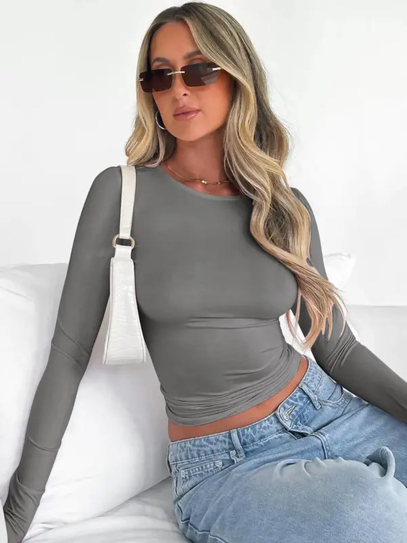 Women'S Plain round Neck Longsleeves Slim-Fitting Cropped Tee for Spring, Basic Crewneck Top for Lady, Casual Solid Tshirt for Spring & Fall, Women'S Clothes, Comfort Womenswear, Mean Girls Outfit, Summer Outfits, Lady Top for Music Festival Daily Wear