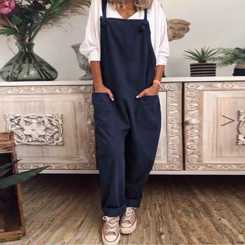 Womens Cotton and Linen Jumpsuit plus Size Casual Loose Overalls Solid Color Pockets Jumpsuit Женские Комбинезоны